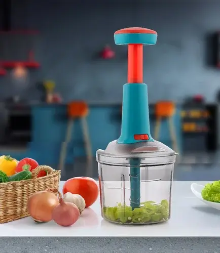 1100 ml Push Chopper For Kitchen Manual Hand-Press Vegetable Chopper with 3 Stainless Steel Blades 1 Whisker for Chopping (