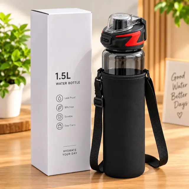 1.5L Glass Water Bottle with Shoulder Strap – ১.৫ লিটার কাঁচের পানির বোতল