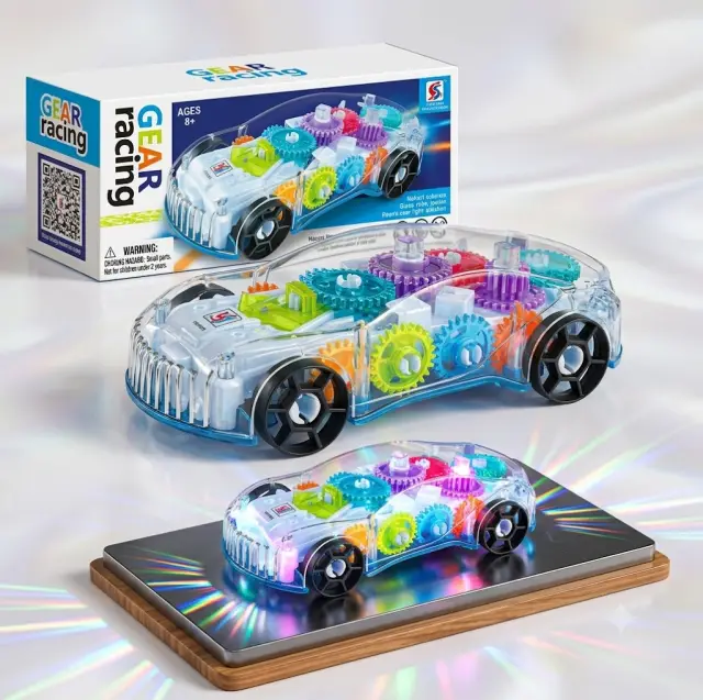 Transparent Car Toy for Kids, Storio 3D Baby Car Toy with 360 Degree Rotation, Gear Simulation Mechanical Car with Sound Music & Light Toys for Kids Boys & Girls