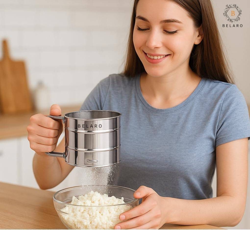 Flour Sifter, Stainless Steel Sifter for Baking, Double Layer Fine Mesh Baking Sifter, One Hand Press Crank Sifter for Powdered Sugar Shaker Duster, Flour Sieve Sifter for Baking Cakes Rondauno 1