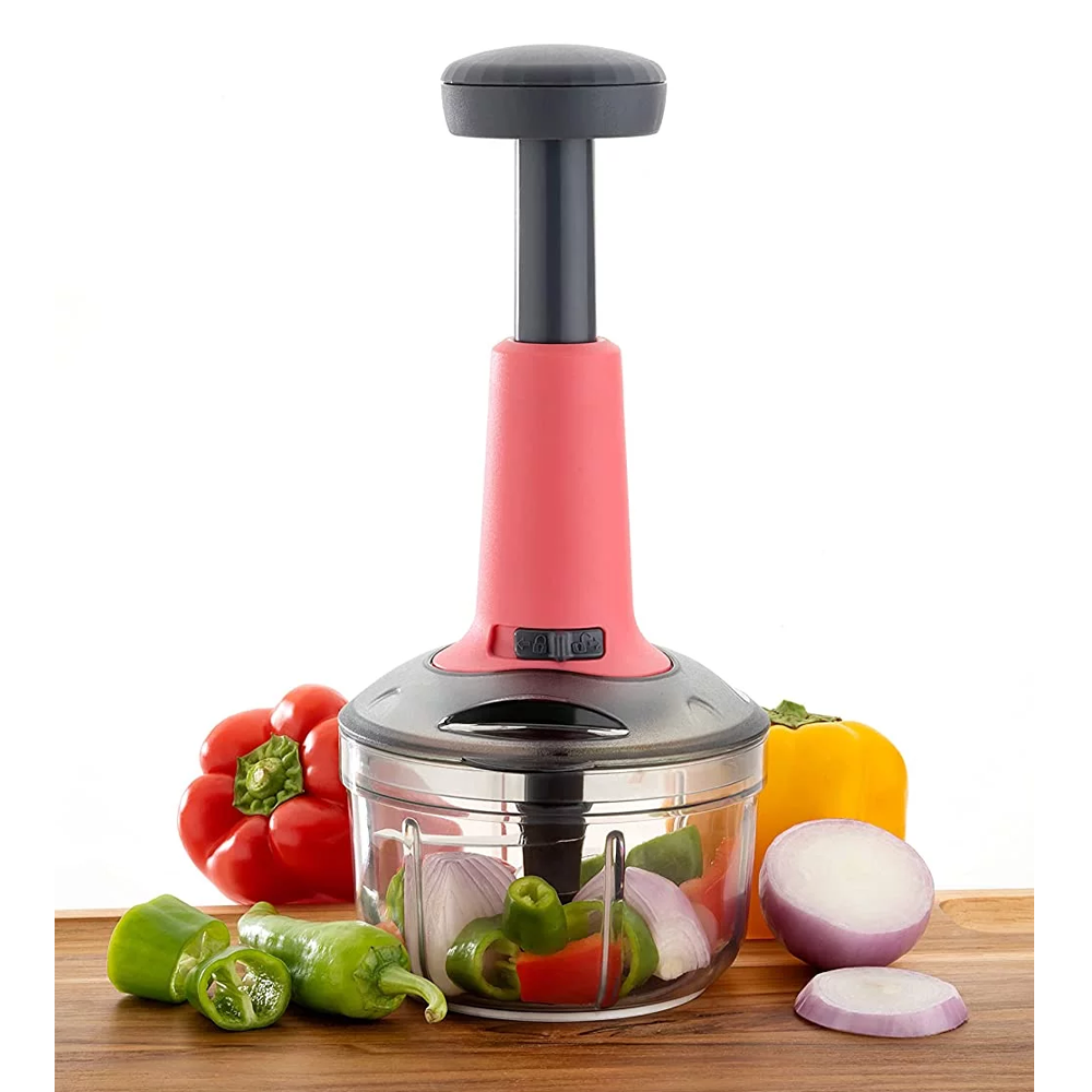 750ml Push Chopper For Kitchen Manual Hand-Press Vegetable Chopper with 3 Stainless Steel Blades 1 Whisker for Chopping 3