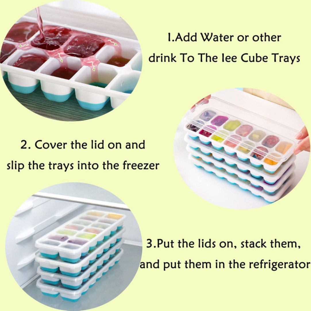 Silicone Ice Cube 14 Trays with Lid with Easy Release & Durability, Stackable & Bpa Free Ice Tray for Drinks, Fruit, Yogurt, Cocktail, Flexible Ice Trays for Freezer, ফ্রিজারের জন্য নমনীয় 14-আইস ট্রে. 5