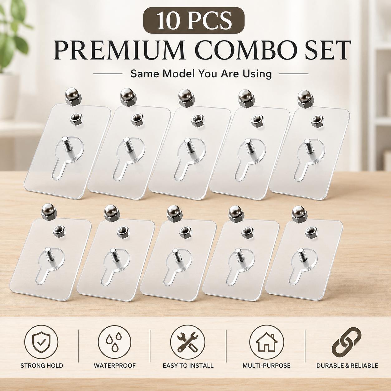 10 Pcs নাট হুক প্রিমিয়াম ট্রান্সপারেন্ট হেভি-ডিউটি অ্যাডহেসিভ / 10 PCS Premium Transparent Heavy-Duty Adhesive Wall Hook Combo Set 3