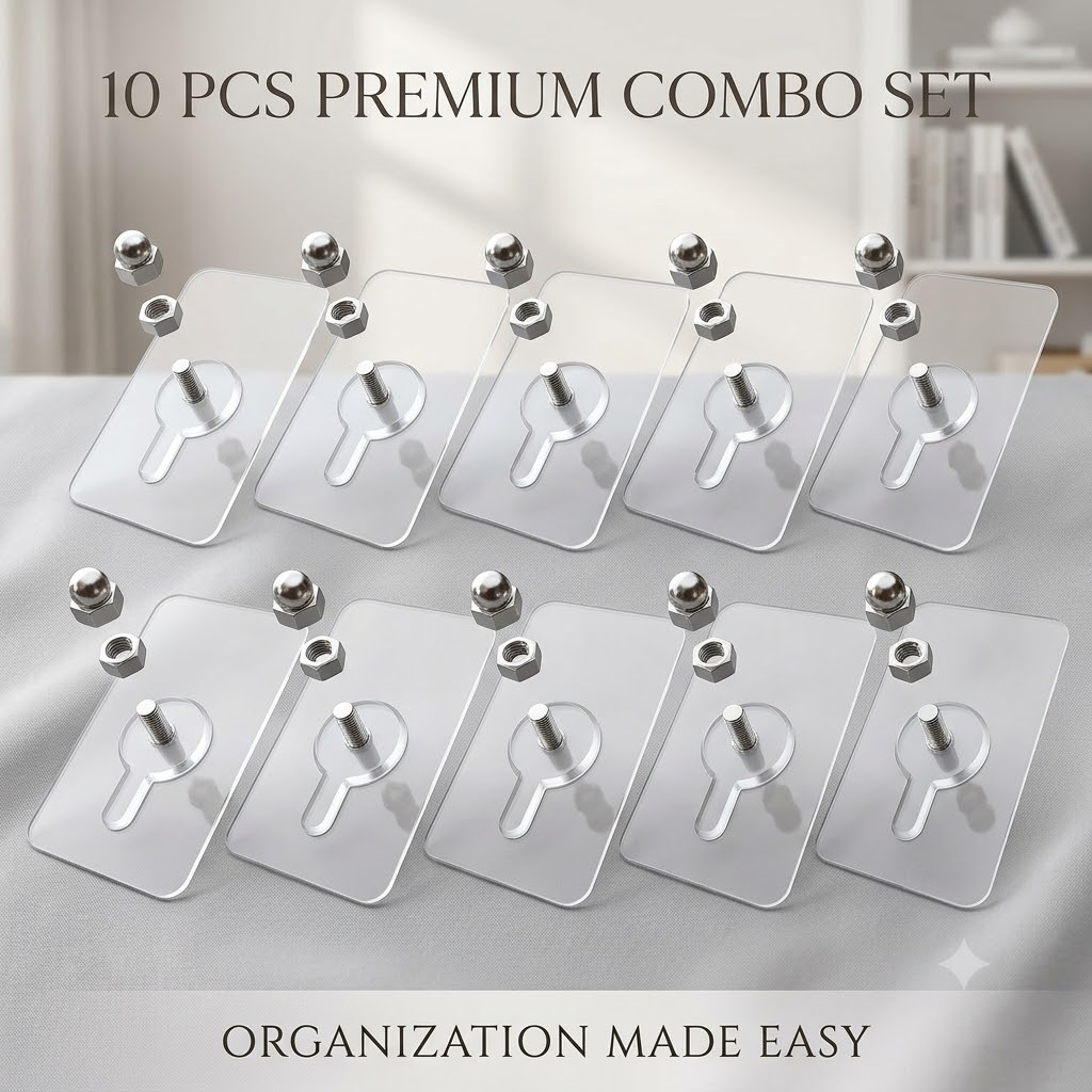 10 Pcs নাট হুক প্রিমিয়াম ট্রান্সপারেন্ট হেভি-ডিউটি অ্যাডহেসিভ / 10 PCS Premium Transparent Heavy-Duty Adhesive Wall Hook Combo Set 4