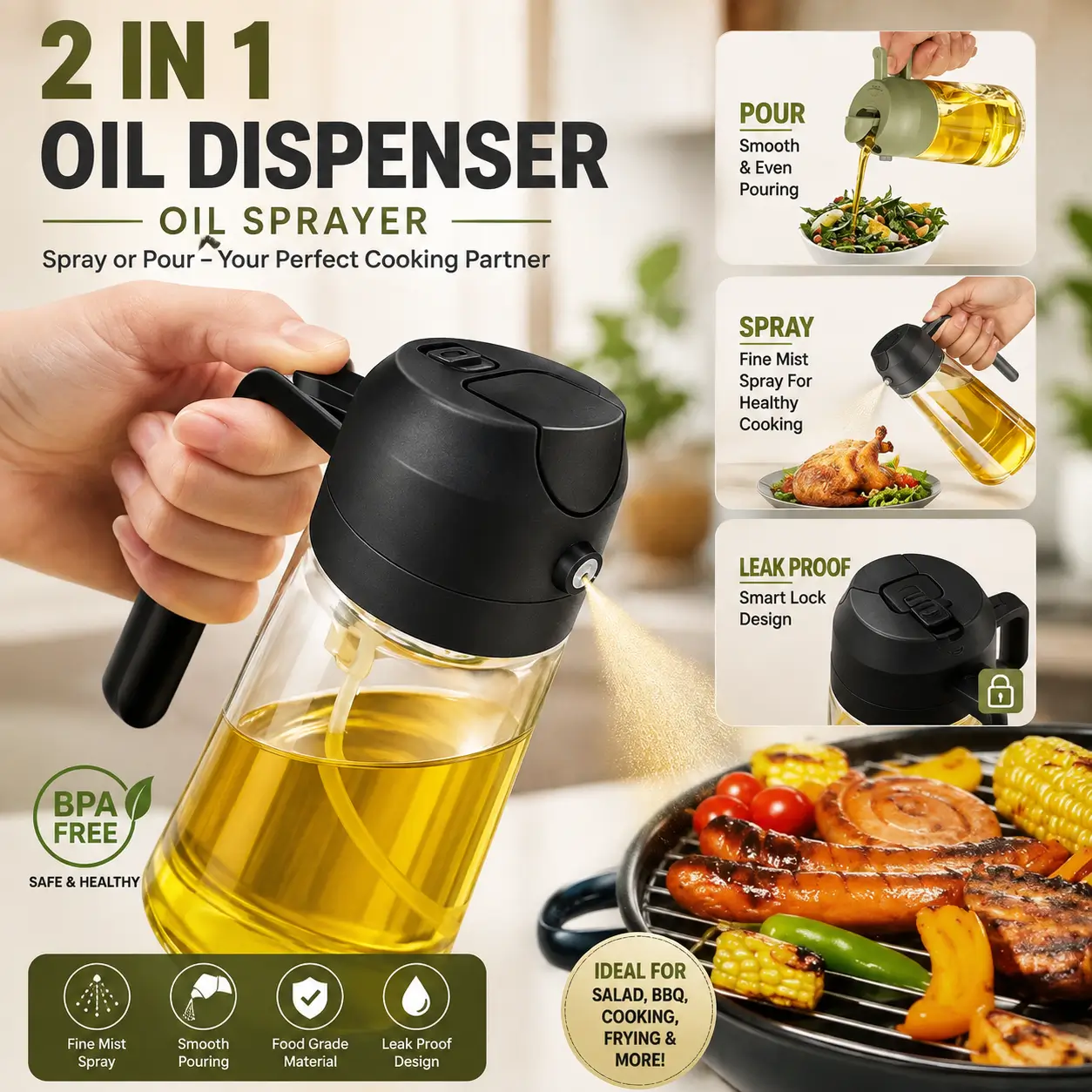 2-in-1 Oil Sprayer & Oil Dispenser Bottle (500ml) প্রিমিয়াম ২-ইন-১ তেল স্প্রেয়ার ও তেল ডিসপেন্সার বোতল (৫০০ml) | স্প্রে ও ঢালুন একই বোতলে 2