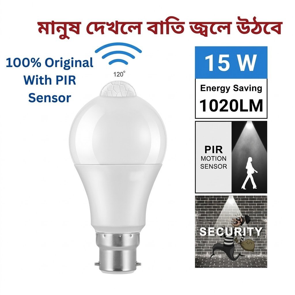LED মোশন সেন্সর লাইট বাল্ব 15W স্মার্ট PIR LED বাল্ব অটো অন/অফ নাইট লাইট 9