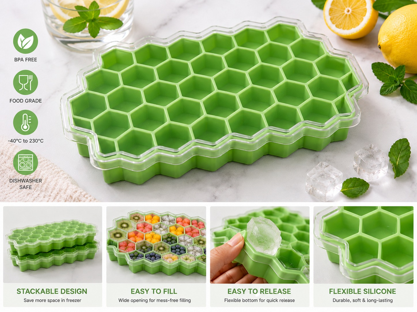 Honeycomb Ice Tray with Lid,সিলিকন হানি-কম্ব আইস ট্রে 2