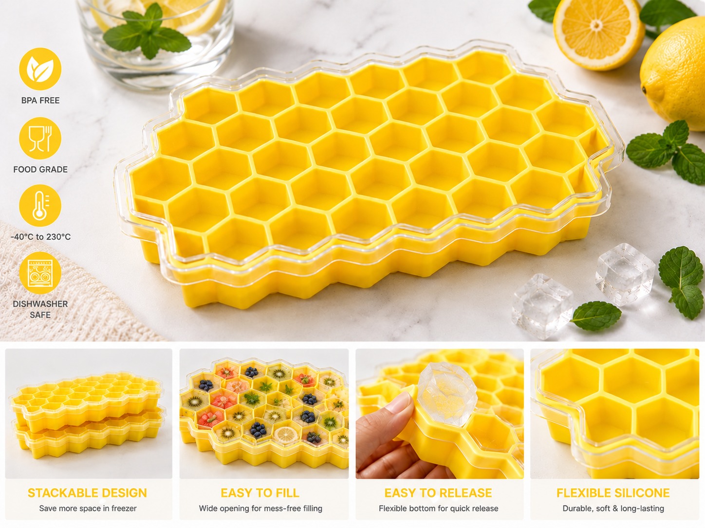 Honeycomb Ice Tray with Lid,সিলিকন হানি-কম্ব আইস ট্রে 3