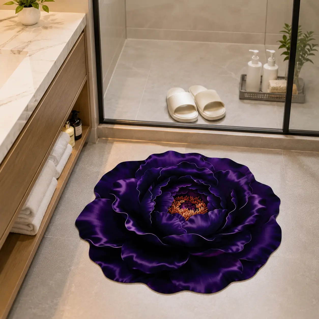 3D Purple Peony Flower Floor Mat / 3D ফ্লোরাল বাথরুম ও বেডরুম পাপোশ 2
